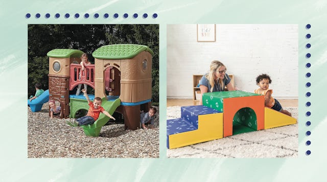 A two-part collage of toddlers playing in fun home jungle gyms