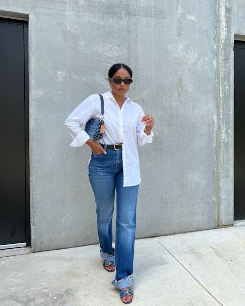 denim and button down look