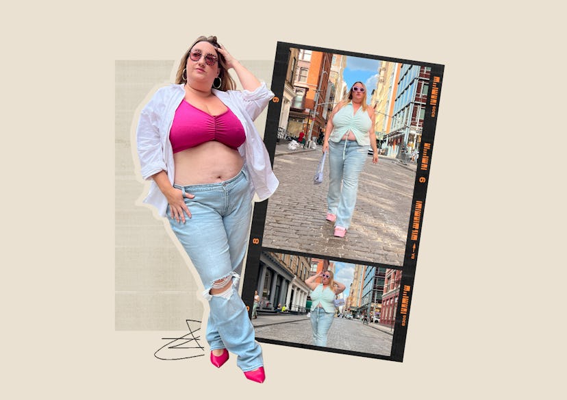 Blogger Sarah Chiwaya wearing a pair of low-rise jeans from Hollister in a collage