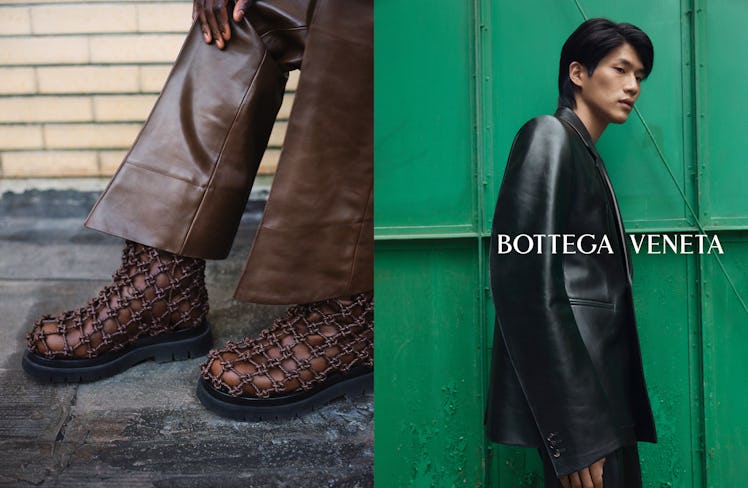 Brown leather Bottega Veneta boots and a model standing against a green backdrop in a Bottega Veneta...