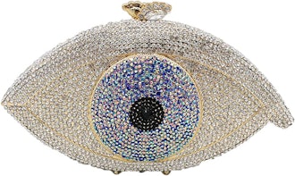 a crystal clutch with an evil eye design