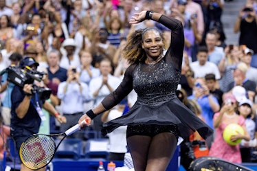 Serena Williams celebrates defeating Danka Kovinic on the first day of the 2022 US Open