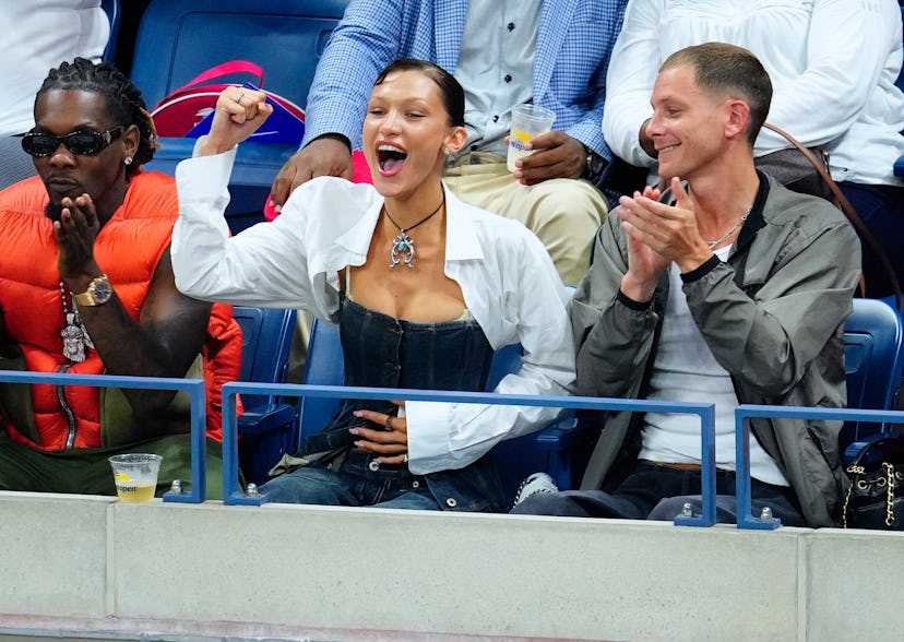 Bella Hadid cheering watching Serena Williams's US Open match with Offset and Marc Kalman