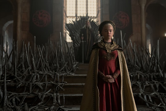 Rhaenera Targaryen stands before her father on the Iron Throne in 'House of the Dragon.'