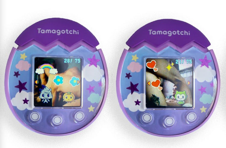 Two views of a purple Tamagotchi Pix using the camera feature to view gay porn