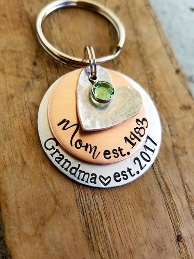 Customizable keychain says when grandma was established as a mom and then a grandma with each births...