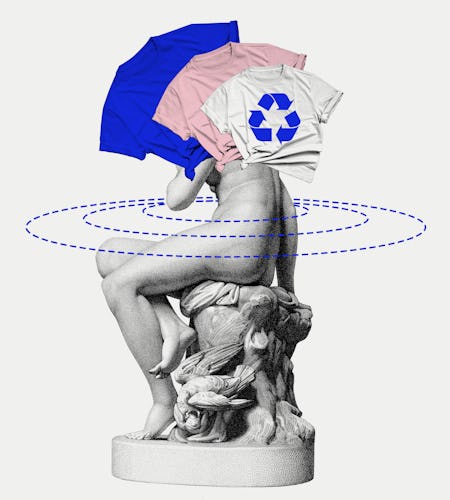 An abstract collage of a sculpture of a woman on a chair, a blue, pink and white shirt representing ...