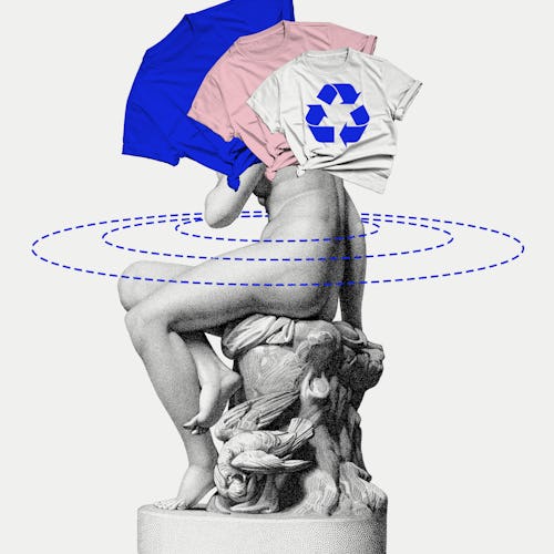 An abstract collage of a sculpture of a woman on a chair, a blue, pink and white shirt representing ...