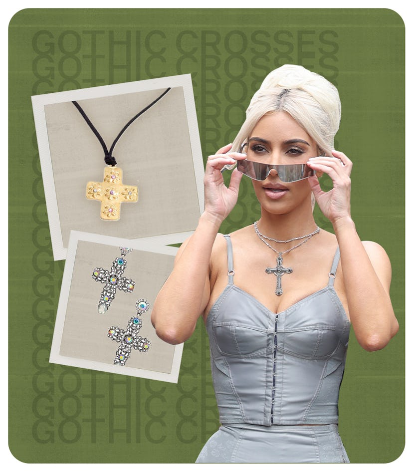 Kim Kardashian wearing a baroque cross necklace
