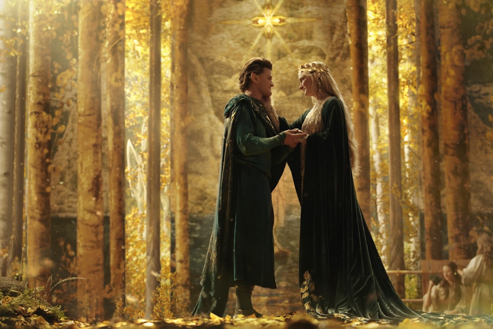 Robert Aramayo as Elrond and Morfydd Clark as Galadriel in The Lord of the Rings: The Rings of Power