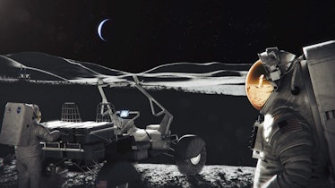 illustration astronauts on the moon with a moon buggy near a crater, and earth in the background
