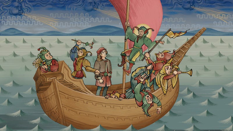 Andreas Maler, the protagonist of Pentiment, standing in a boat with eight jesters 