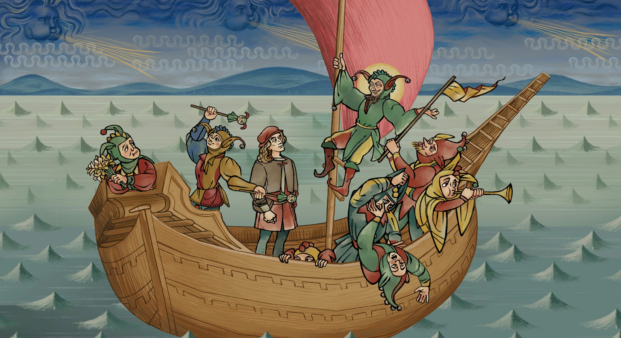 Andreas Maler, the protagonist of Pentiment, standing in a boat with eight jesters 
