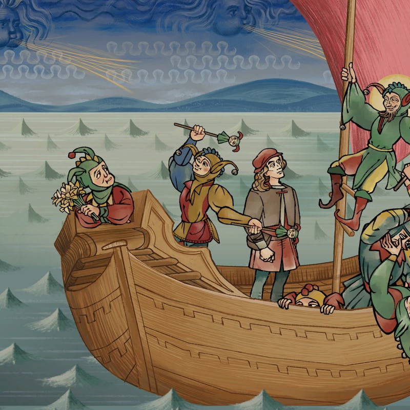 Andreas Maler, the protagonist of Pentiment, standing in a boat with eight jesters 