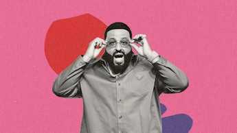 DJ Khaled posing, holding his sunglasses, in a button-up with a shocked facial expression