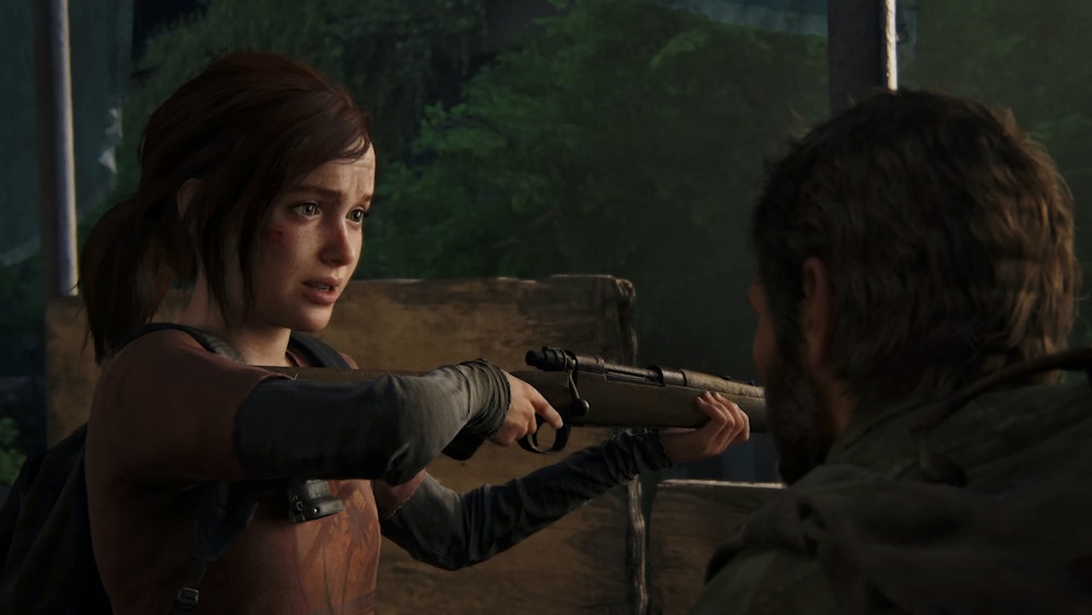 Ellie confidently holds a rifle after a brief lesson from Joel.