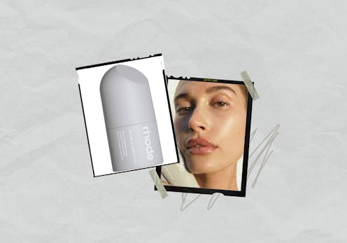 A collage of Hailey Bieber next to a Rhode peptide glazing fluid white tube