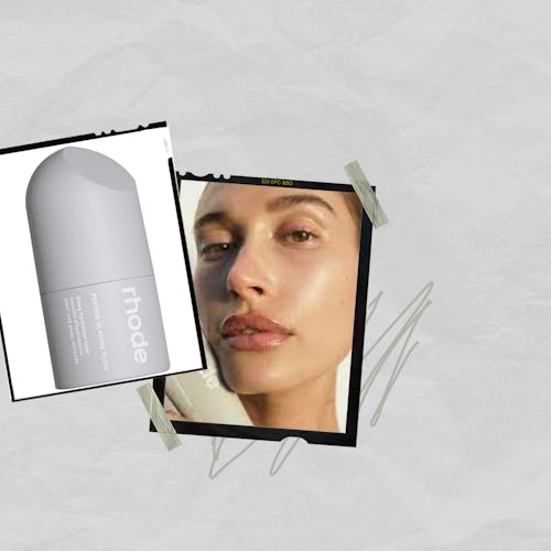 A collage of Hailey Bieber next to a Rhode peptide glazing fluid white tube