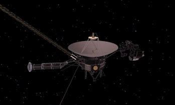color illustration of a spacecraft in space with a large radio antenna on the left side