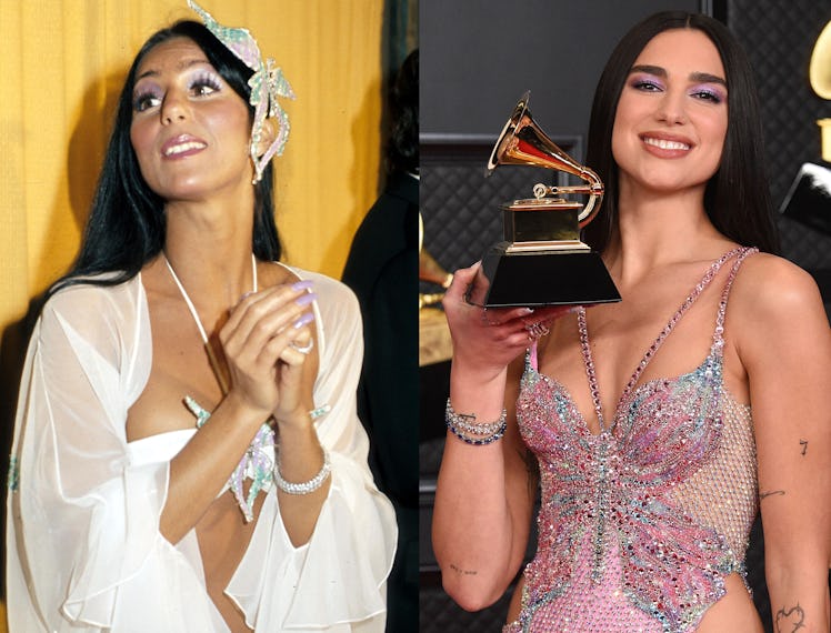 An image of Cher back in the day and Dua Lipa in current day