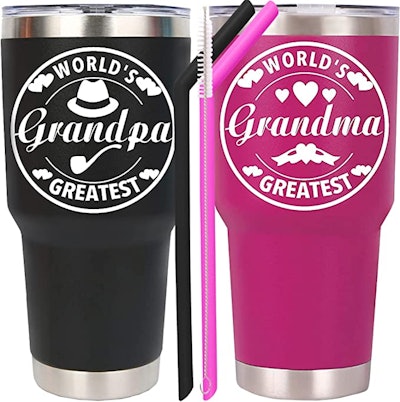 A black personalized Grandpa mug and a pink personalized grandma mug are great gifts for grandparent...