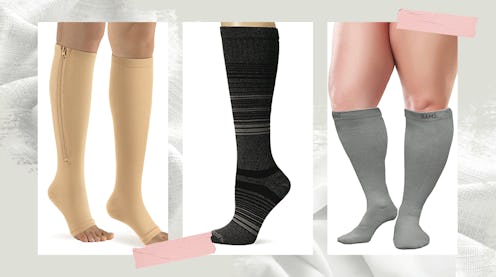 A collaged image featuring photos of three of the best compression socks for travel.