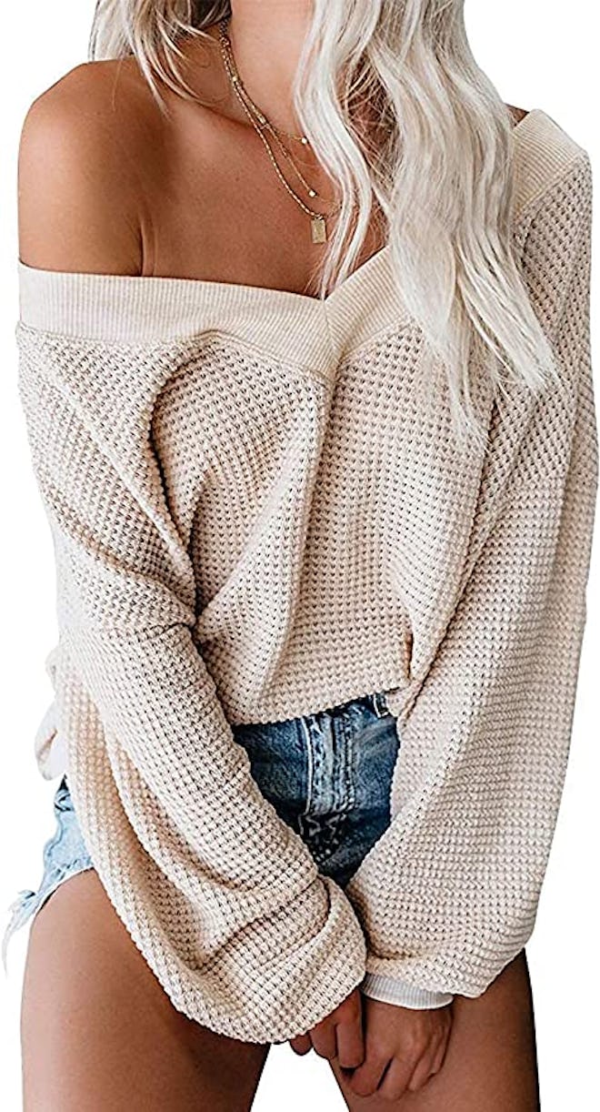 ReachMe Off Shoulder Waffle Knit Sweater