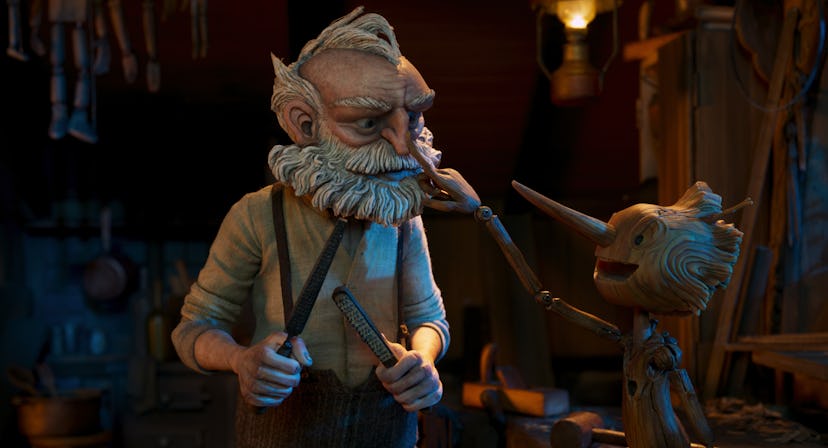 Gepetto (voiced by David Bradley) and Pinocchio (voiced by Gregory Mann) in Guillermo del Toro's 'Pi...