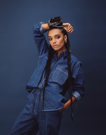 Maisie Richardson Sellers in an all denim fit Canadian tuxedo