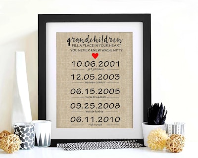 Burlap print with grandchildren's names engraved is the perfect grandparents day gift.