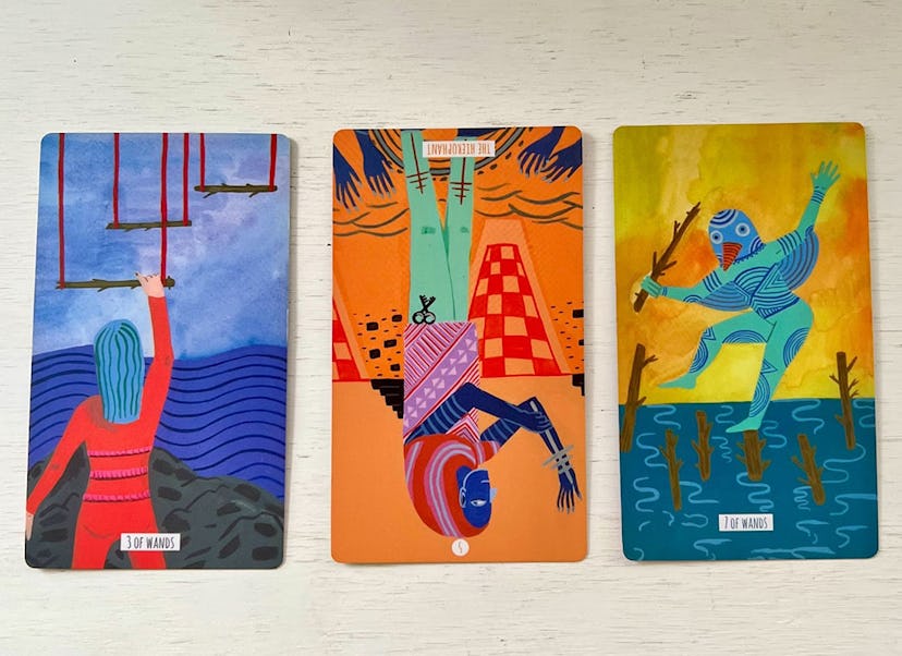Tarot Cards: Three of Wands, The Hierophant reversed, 7 of Wands