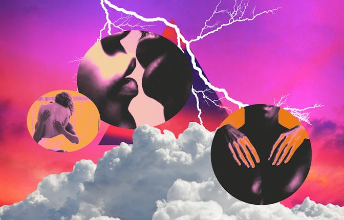 A photo of a pink sky and white cloud with three circular photos of people