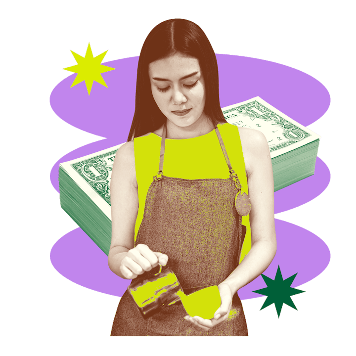 a collage of a teen girl pouring coffee at her part-time job and a stack of money behind her