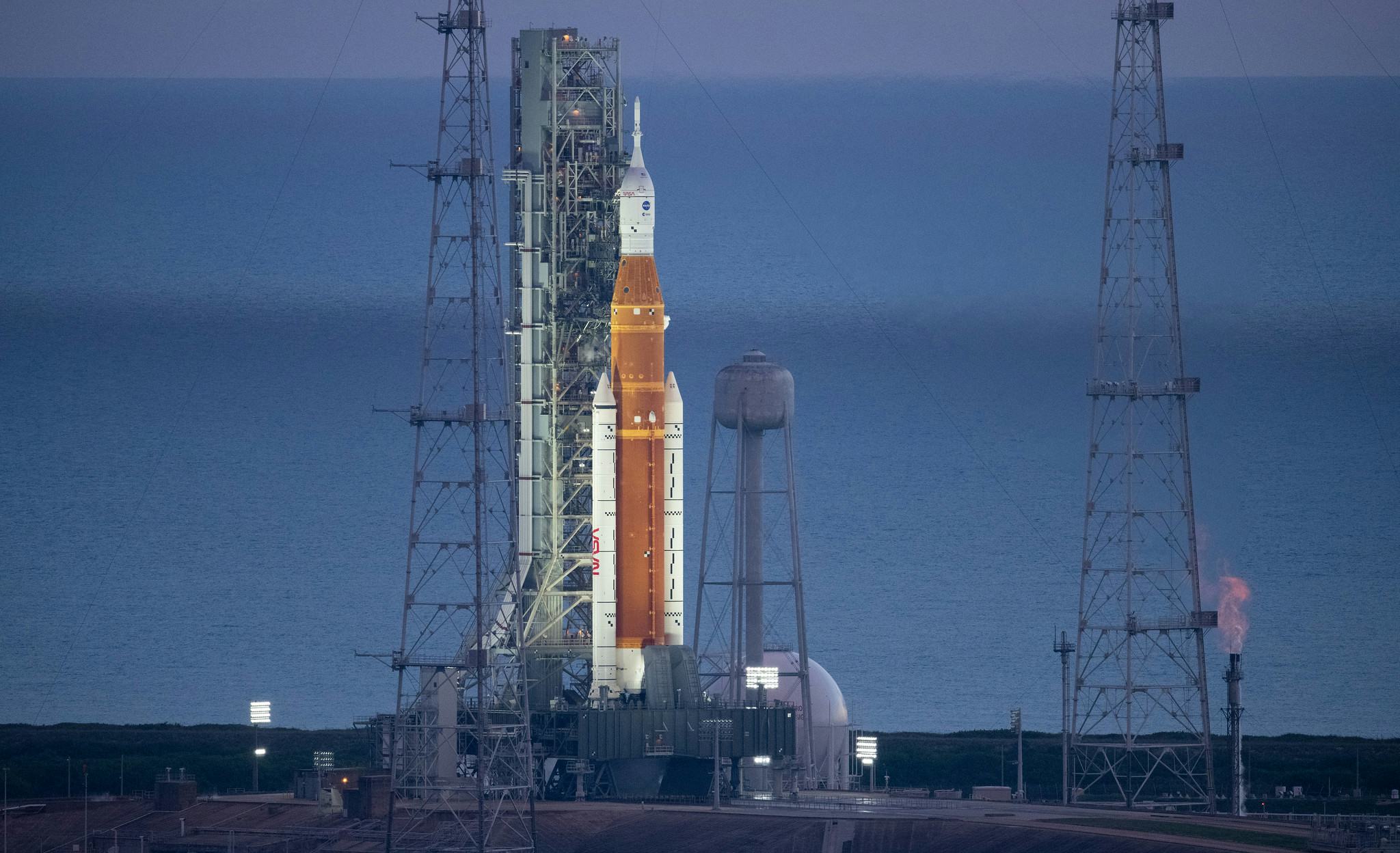 NASA Artemis I SLS on launchpad before launch delay