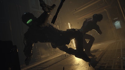 Jacob fighting a Biophage enemy in The Callisto Protocol. He appears to have been knocked down. 