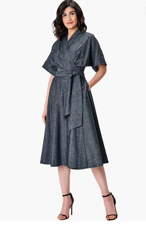 eShakti Cotton Chambray Pleated wrap Dress