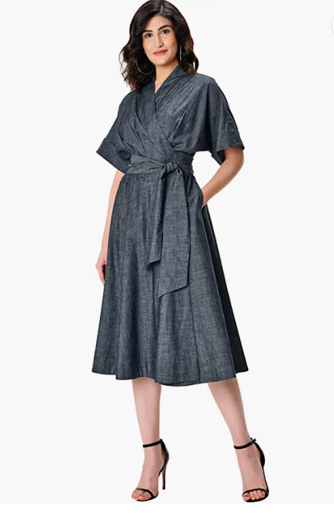 eShakti Cotton Chambray Pleated wrap Dress