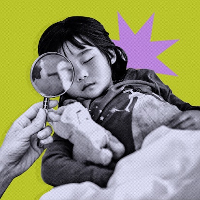 A Collage Of A Hand Holding A Magnifying Glass Over A Sleeping Kid