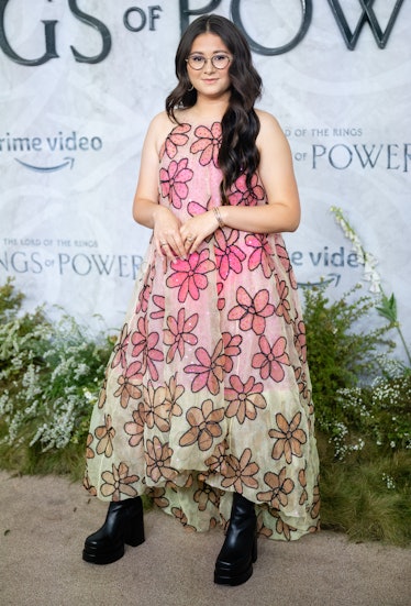 Megan Richards wearing a pink floral gown at the world premiere of The Lord Of The Rings: The Rings ...