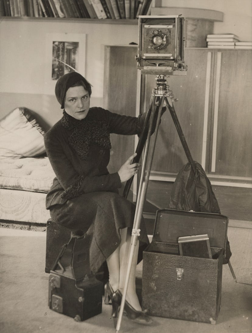 Margaret Bourke-White in a black-and-white self-portrait