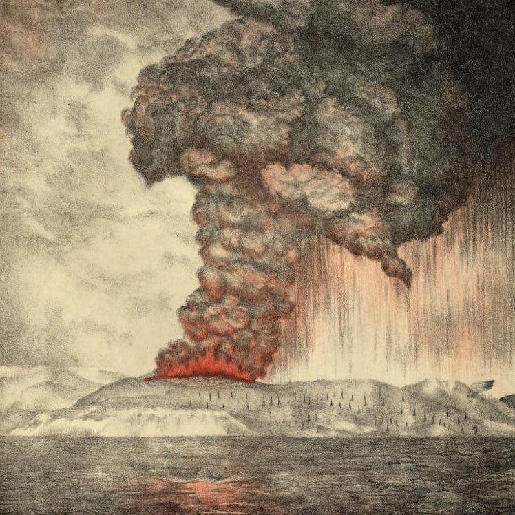 A lithograph that depicts the 1883 Krakatau eruption. The fiery eruption is seen here created a tall...