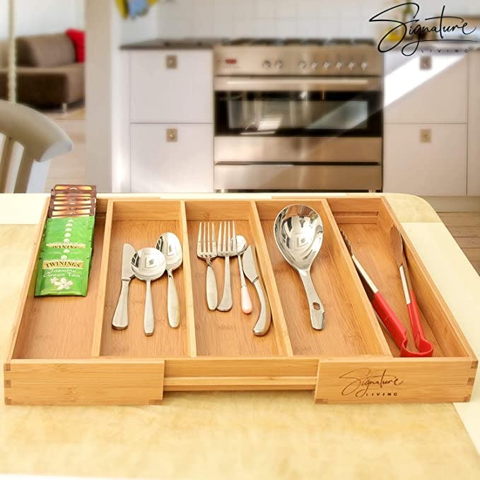 Signature Living Bamboo Expandable Utensil Drawer Organizer