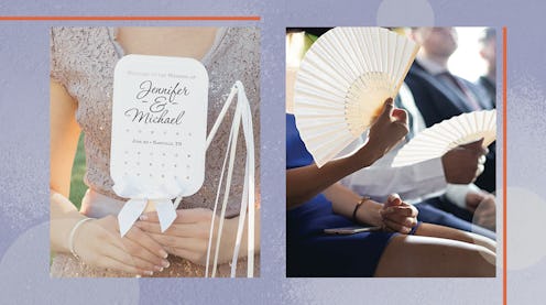 In these photos of two of the best hand fans for weddings, wedding guests are pictured holding the f...
