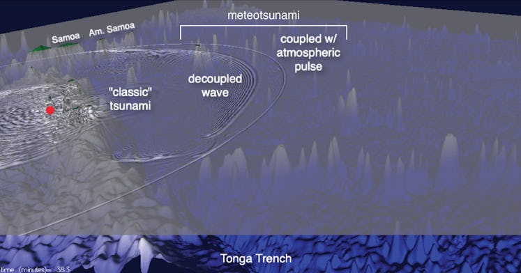 A diagram of the tsunami waves produced by the 15 January 2022 eruption of Hunga Tonga-Hunga Haʻapai...