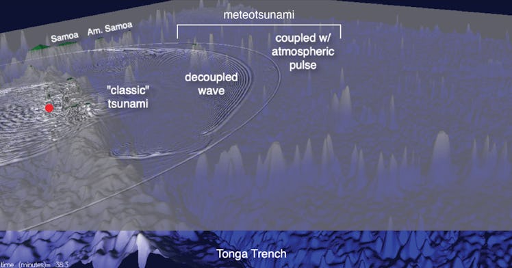 A diagram of the tsunami waves produced by the 15 January 2022 eruption of Hunga Tonga-Hunga Haʻapai...