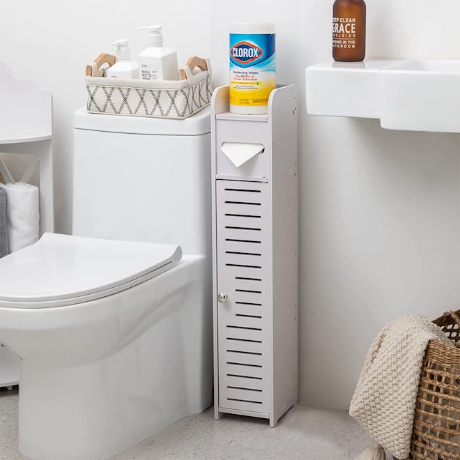 The AOJEZOR Toilet Paper Organizer Cabinet is a thing for small-space bathrooms.