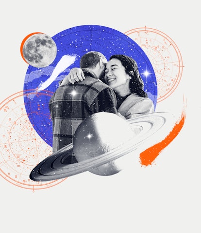 Collage of a man and woman hugging surrounded by planets