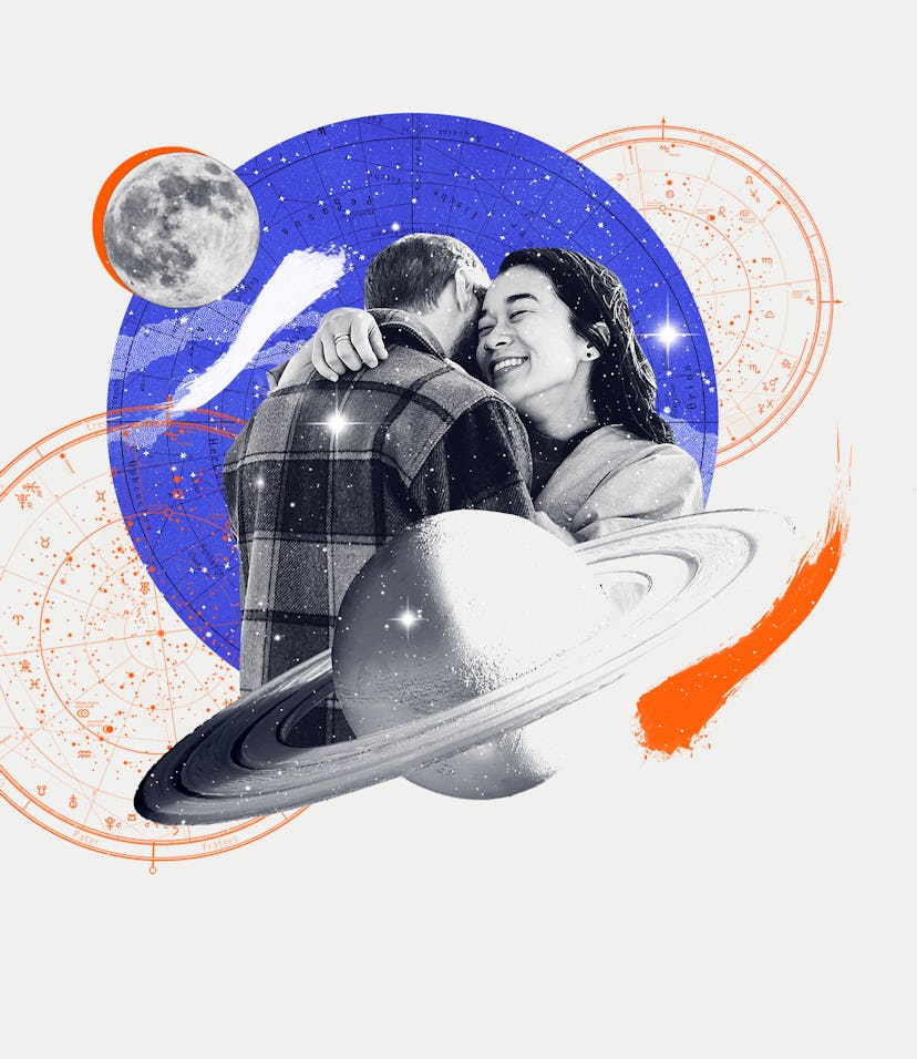 Collage of a man and woman hugging surrounded by planets