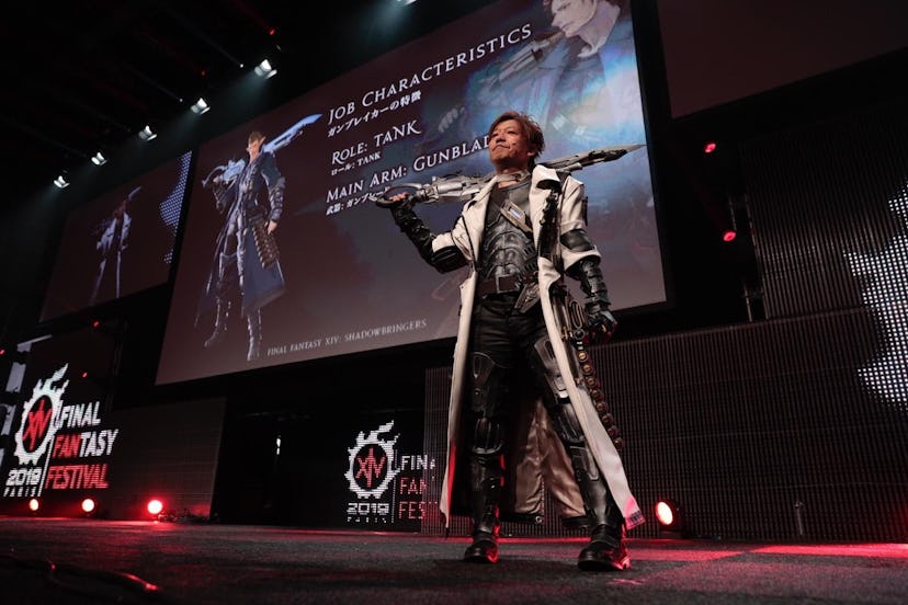 Naoki Yoshida in a  Gunbreaker cosplay from Final Fantasy Fan Fest Paris 2019.