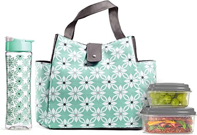 This stylish lunch tote comes with a water bottle and meal prep containers.